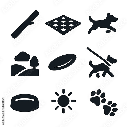 Outdoor Pet Activities Icons. Solid, filled icons set of outdoor pet activities: fetch stick, picnic blanket,