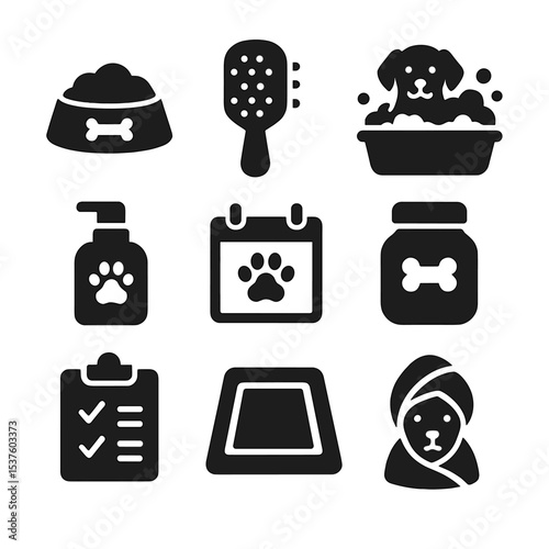Pet Care Icons. Solid, filled icons set of pet care as a family routine: food bowl, grooming brush, dog bath,