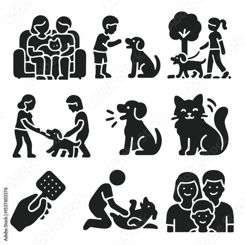 Pet Bonding Icons. Solid, filled icons set of family pet bonding moments: cuddle on couch, treat time, walk in