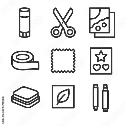 Mixed Media Icons. Outline icon set of mixed media materials: glue stick, scissors, collage paper, washi tape, fabric swatch,