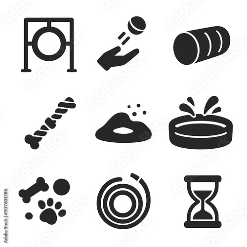 Backyard Pet Games Icons. Solid, filled icons set of backyard pet games: agility ring, ball toss, mini tunnel,