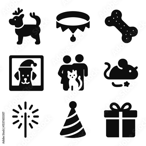 Pet Holiday Icons. Solid, filled icons set of celebrating holidays with pets: pet costume, festive collar,
