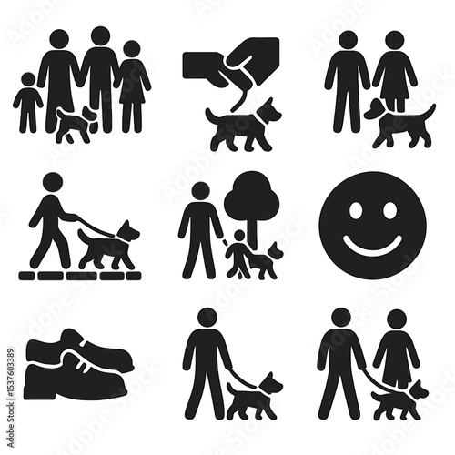 Family Pet Walk Icons. Solid, filled icons set of family walking pets together: group walk, leash in hand,