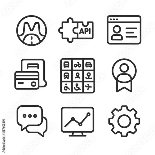 Mobility Platform Icons. Outline icon set of multimodal trip integration: map layers, transfer arrows, bike icon, bus icon, car