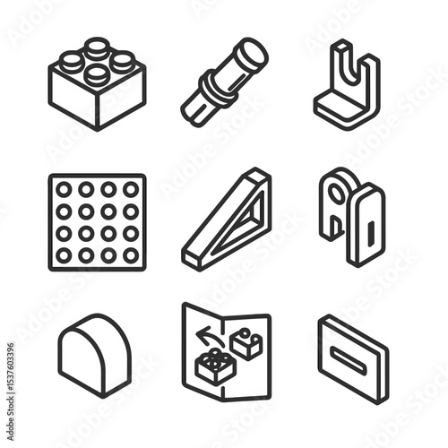 Modular Construction Icon Set. Outline icon set of modular construction kit assembly: interlocking block, connector pin, panel