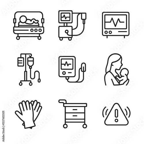 NICU Medical Icons. Outline icon set of neonatal intensive care unit (NICU): incubator, ventilator, heart rate monitor, IV pump,
