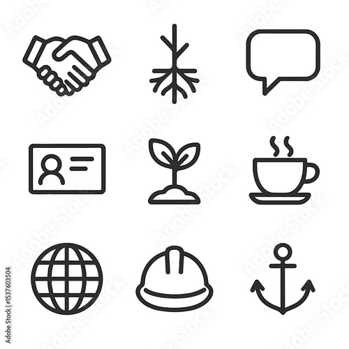 Networking Icon Set. Outline icon set of networking while staying grounded: handshake, root network, speech bubble, anchor,