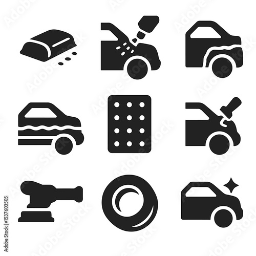 Automotive Sanding Icons. Solid, filled icons set of automotive sanding and bodywork: sanding block, primer