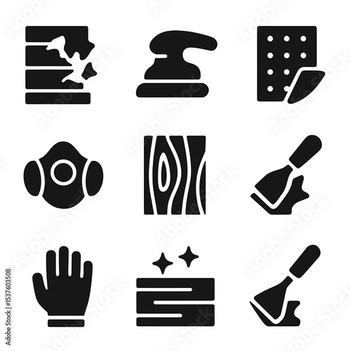 Paint Removal Icons. Solid, filled icons set of paint and varnish removal: flaking paint, sanding tool, coarse