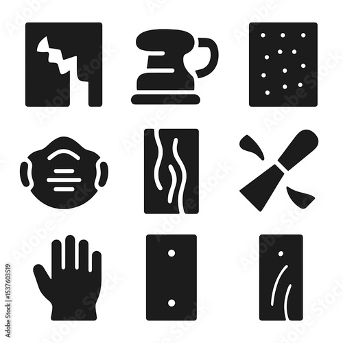 Paint Removal Icons. Solid, filled icons set of paint and varnish removal: flaking paint, sanding tool, coarse