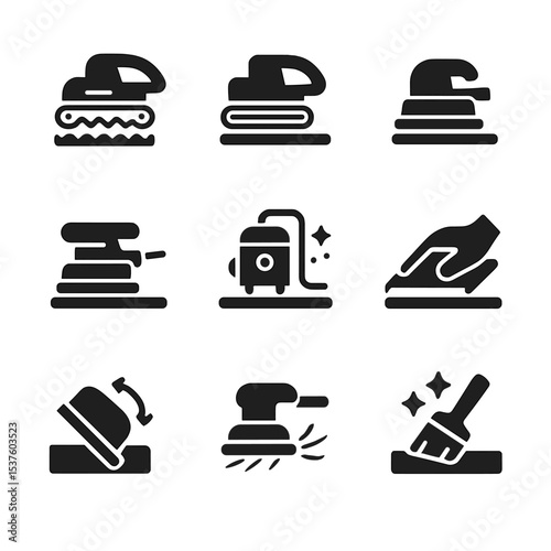 Sanding Process Icons. Solid, filled icons set of sanding process stages: rough pass, mid-grit, fine finish,