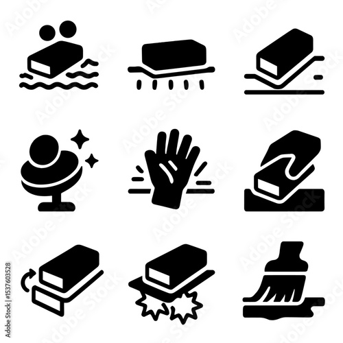 Sanding Process Icons. Solid, filled icons set of sanding process stages: rough pass, mid-grit, fine finish,
