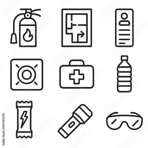 Office Emergency Kit Icons. Outline icon set of office emergency kit: desktop fire extinguisher, evacuation plan, emergency