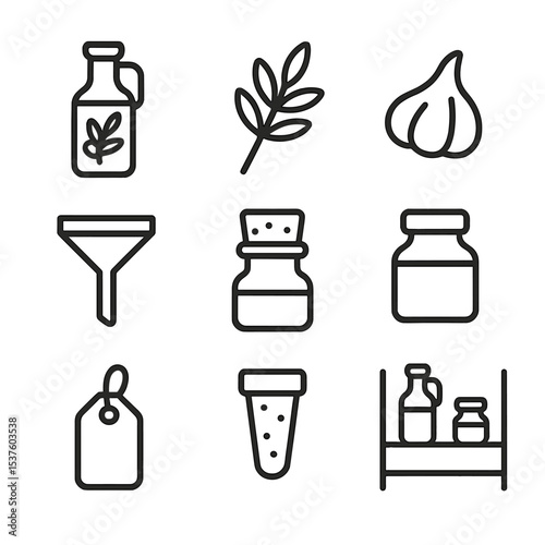 Oil Infusion Icons. Outline icon set of oil infusion preservation: olive oil bottle, herb sprig, garlic clove, funnel, cork