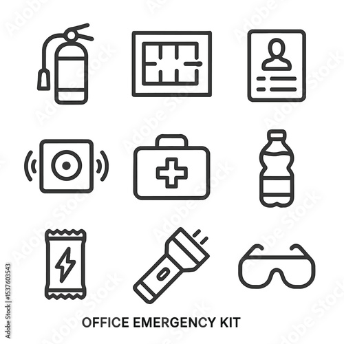Office Emergency Kit Icons. Outline icon set of office emergency kit: desktop fire extinguisher, evacuation plan, emergency