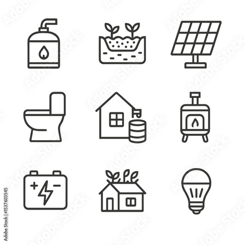 Off-Grid Eco Icons. Outline icon set of off-grid eco pods: biodigester, greywater filter, photovoltaic array, composting toilet,