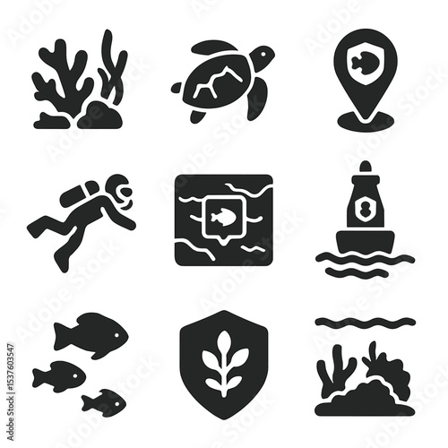 Marine Sanctuary Icons. Solid, filled icons set of marine sanctuaries: coral reef, sea turtle, protected zone