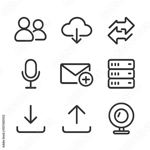 Online Features Icons. Outline icon set of online features: multiplayer icon, cloud save, matchmaking arrows, voice chat mic,