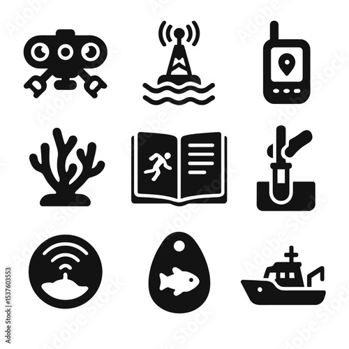 Marine Research Icons. Solid, filled icons set of marine conservation research: underwater drone, data buoy,