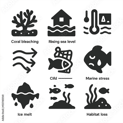 Marine Climate Impact Icons. Solid, filled icons set of climate change impacts on marine zones: coral