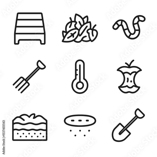 Organic Compost Icons. Outline icon set of organic composting: compost bin, leaf pile, worm icon, pitchfork, compost thermometer,