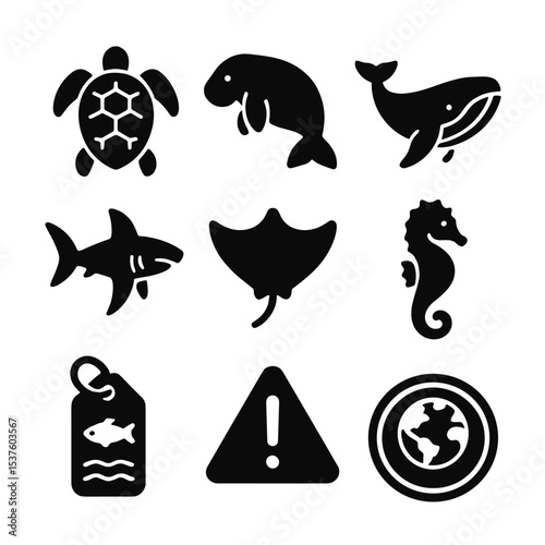 Endangered Ocean Icons. Solid, filled icons set of endangered ocean species: sea turtle, dugong, whale icon,