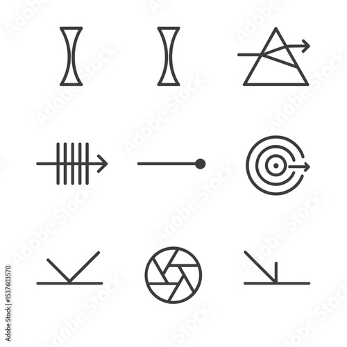 Optics Icon Set. Outline icon set of optics: convex lens, concave mirror, prism dispersion, diffraction grating, laser beam,