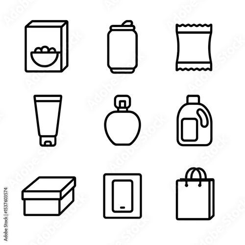 Packaging Icon Set. Outline icon set of packaging design color clashes: cereal box, soda can, snack wrapper, cosmetic tube,