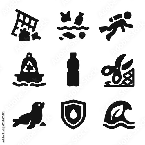 Ocean Cleanup Icons. Solid, filled icons set of ocean cleanup and protection: trash net, floating debris,