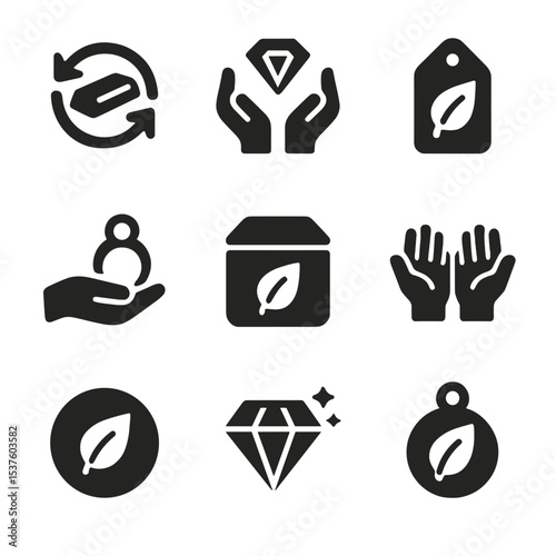 Eco Jewelry Icons. Solid, filled icons set of eco-conscious and ethical jewelry design: recycled metal, fair