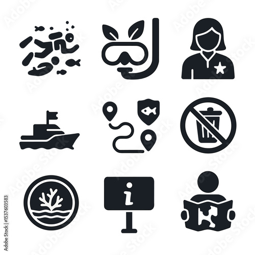 Sustainable Ocean Tourism Icons. Solid, filled icons set of sustainable ocean tourism: guided dive, eco