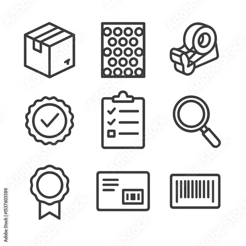 Packaging Icon Set. Outline icon set of packaging and final inspection: cardboard box, bubble wrap, tape dispenser, barcode label,