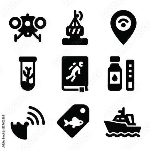 Marine Research Icons. Solid, filled icons set of marine conservation research: underwater drone, data buoy,