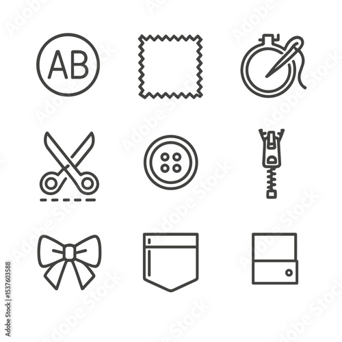 Outfit Customization Icons. Outline icon set of outfit customization: monogram patch, fabric swatch, embroidery hoop, hemming