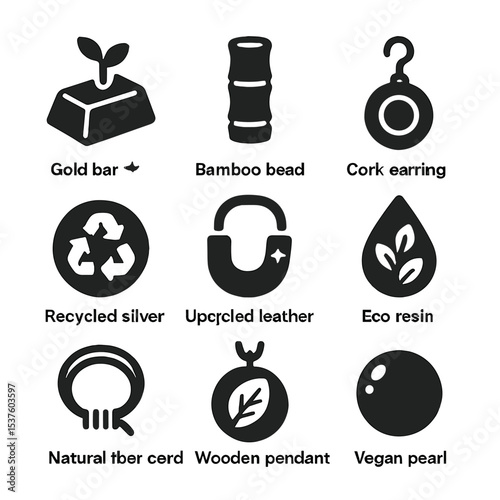 Sustainable Jewelry Icons. Solid, filled icons set of sustainable jewelry materials: reclaimed gold, bamboo