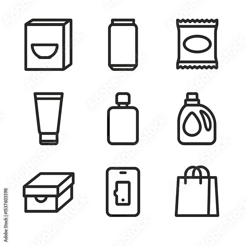 Packaging Icon Set. Outline icon set of packaging design color clashes: cereal box, soda can, snack wrapper, cosmetic tube,