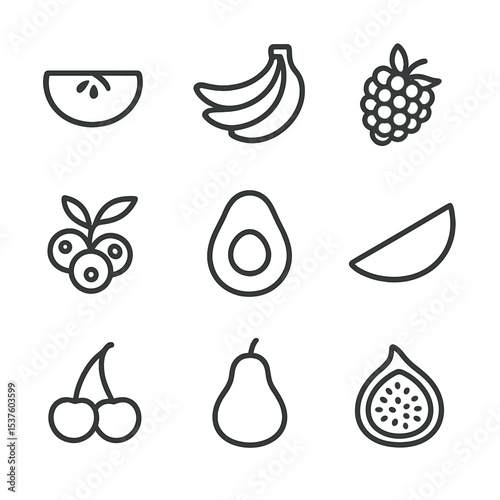 Paleo Fruit Icons. Outline icon set of paleo fruits and berries: apple slice, banana bunch, raspberry cluster, blueberry sprig,