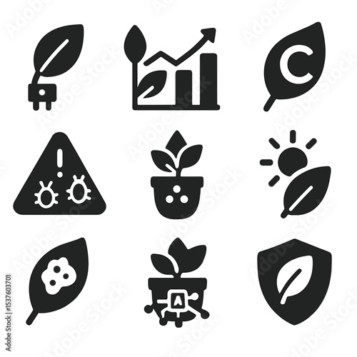Plant Health Icons. Solid, filled icons set of plant health monitoring: leaf sensor, growth chart, chlorophyll
