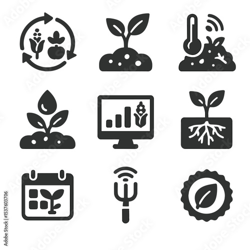 Sustainable Agriculture Icons. Solid, filled icons set of sustainable crop management: rotation plan, eco soil