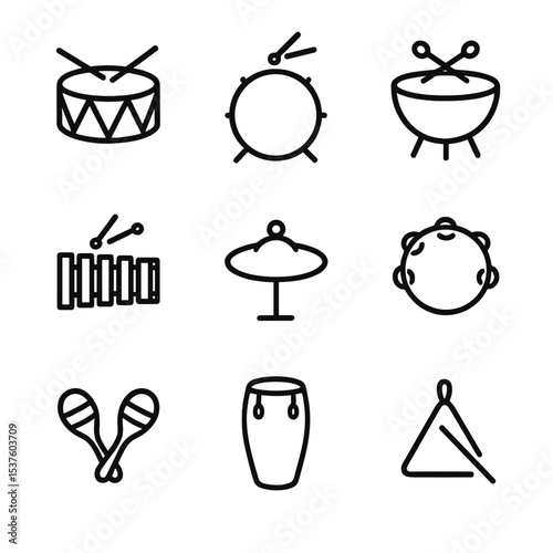 Percussion Icons Grid. Outline icon set of percussion instruments: snare drum, bass drum, timpani, xylophone, cymbal, tambourine,