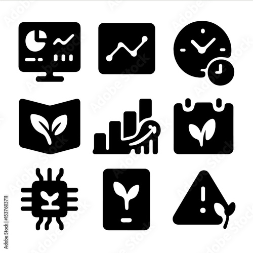 Agri-Data Icon Set. Solid, filled icons set of agri-data and analytics platforms: dashboard icon, trend graph,