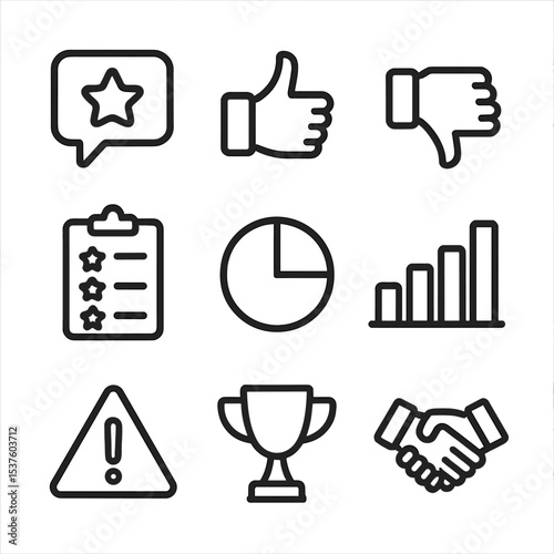 Performance Feedback Icons. Outline icon set of performance feedback: speech bubble with star, thumbs up, thumbs down, clipboard