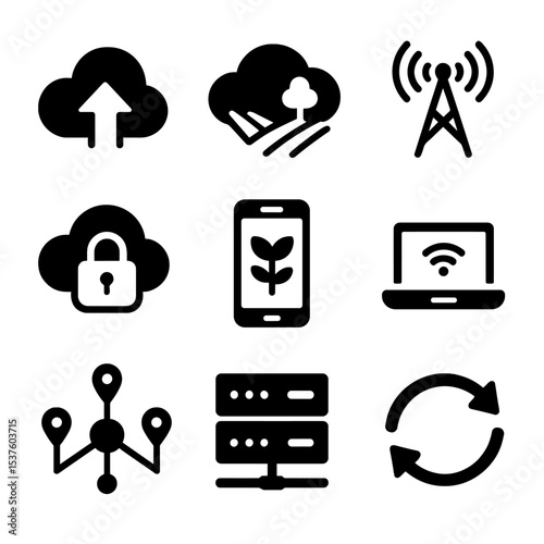 Farm Data System Icons. Solid, filled icons set of farm-to-cloud data systems: data upload icon, farm cloud,