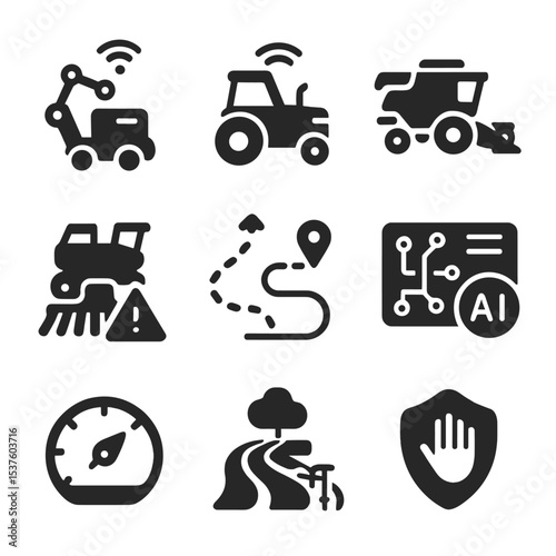 Autonomous Farm Machinery Icons. Solid, filled icons set of autonomous farm machinery: agri-robot,