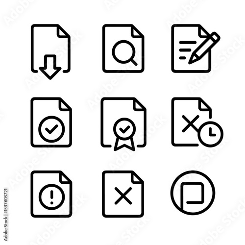 Permit Status Icon Set. Outline icon set of permit approval statuses: submitted status, under review, revisions required, approved
