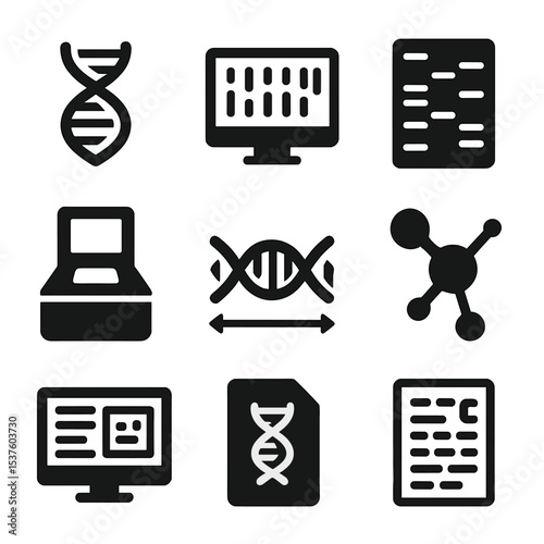 Modern DNA Sequencing Icons. Solid, filled icons set of DNA sequencing technology: DNA base pair, sequence