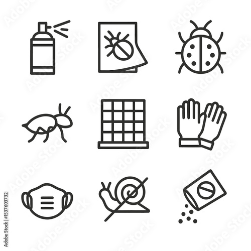 Pest Control Icons. Outline icon set of pest control: insecticide spray, sticky trap, ladybug, aphid icon, net screen, garden