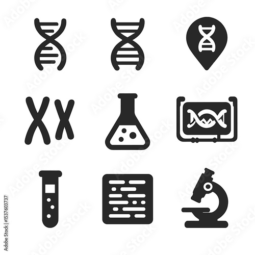 Genetic Study Icons. Solid, filled icons set of genetic studies: DNA strand, double helix, gene marker,