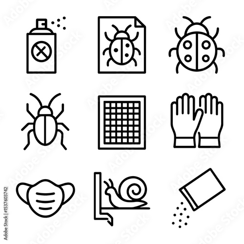 Pest Control Icons. Outline icon set of pest control: insecticide spray, sticky trap, ladybug, aphid icon, net screen, garden