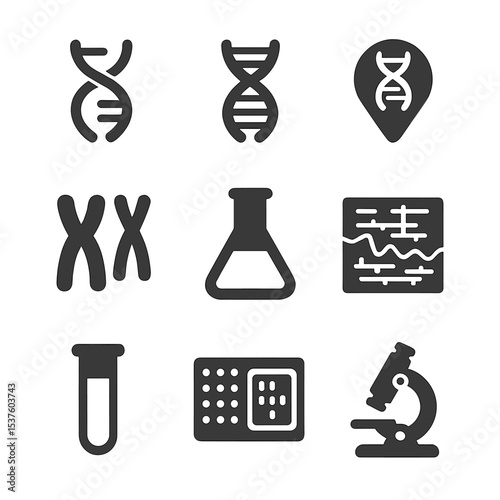 Genetic Study Icons. Solid, filled icons set of genetic studies: DNA strand, double helix, gene marker,